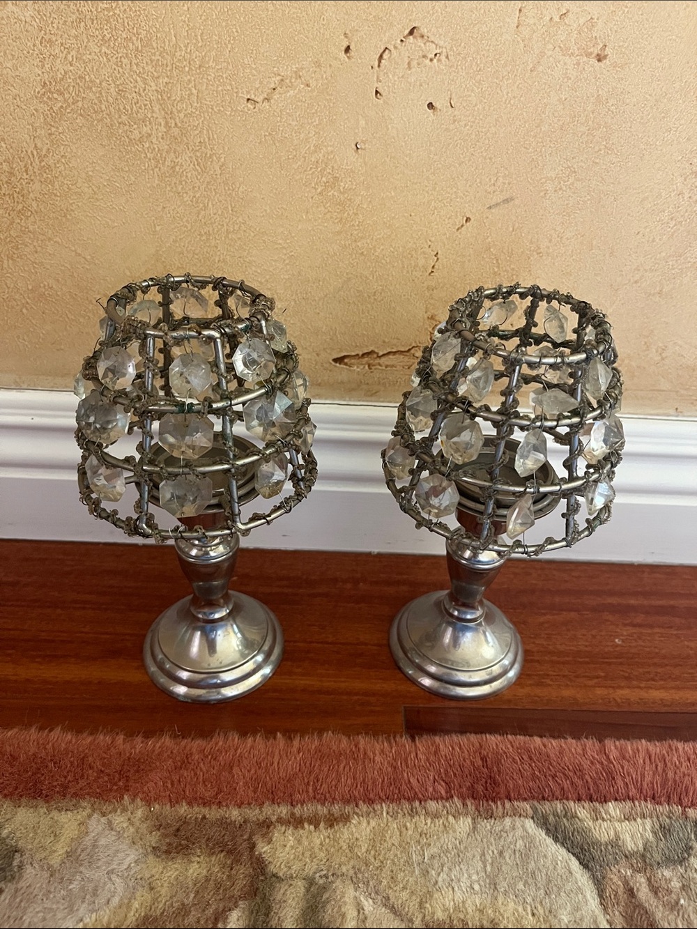 Set of 2 Crystal Beaded Candle Holders Silver Tone Glam Wedding Table Decor